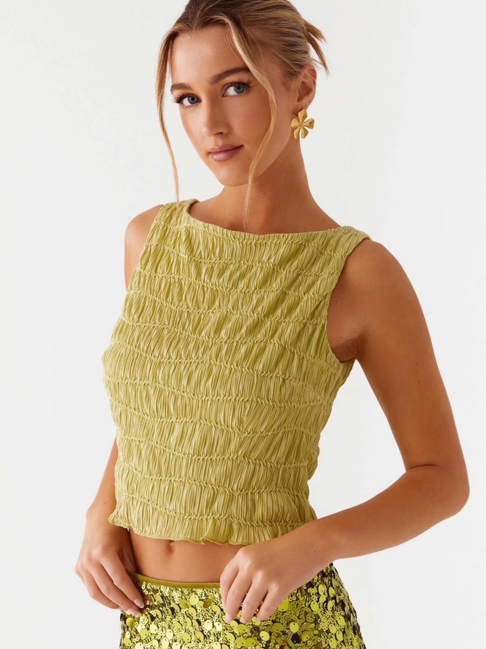 Lime Green Ruched Sleeveless Boat Neck Crop Top